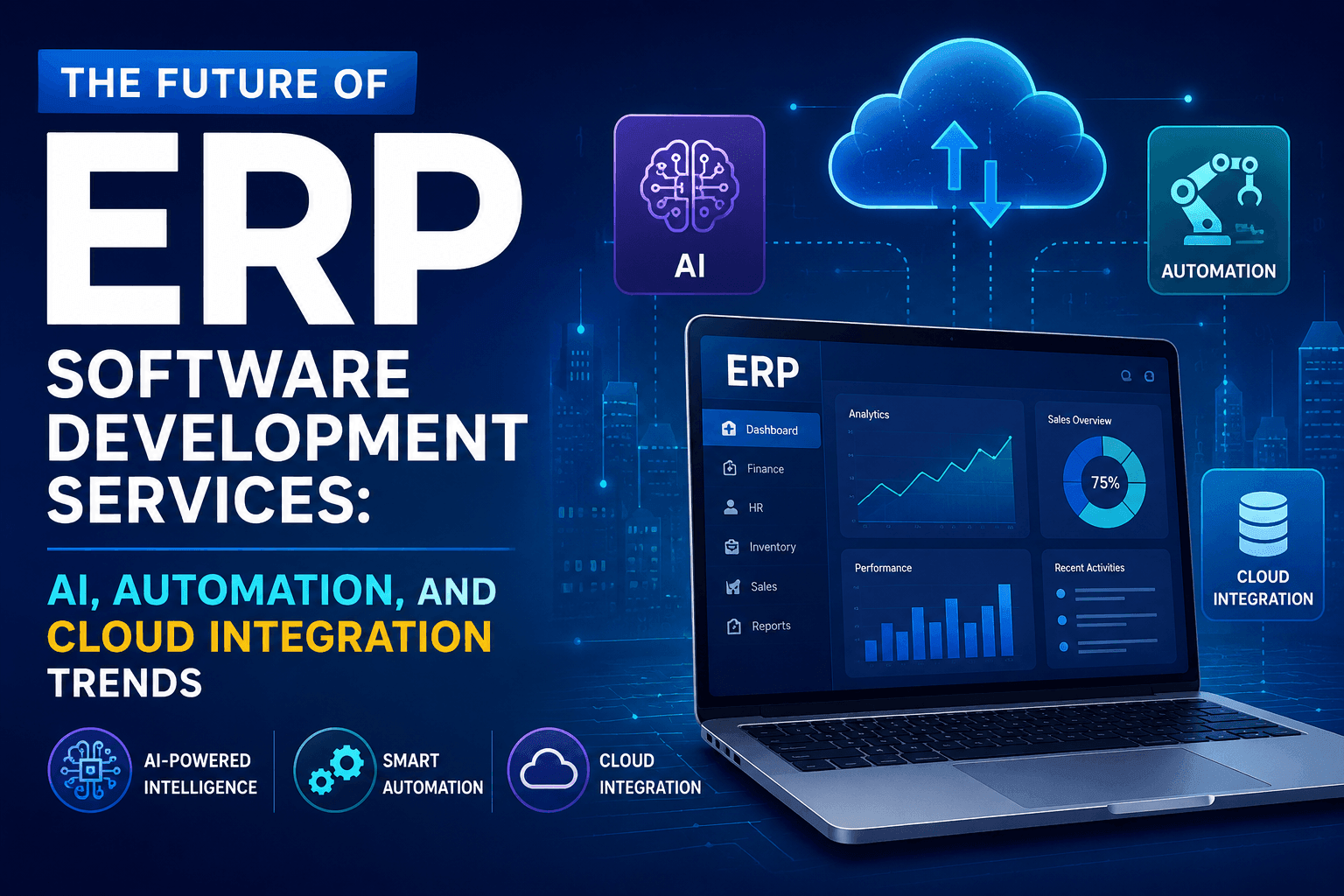 Illustration showing AI and cloud integration in modern ERP software development services.