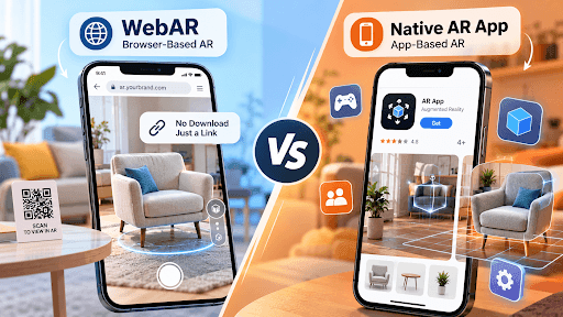 WebAR vs native AR app comparison showing a phone with augmented reality product view