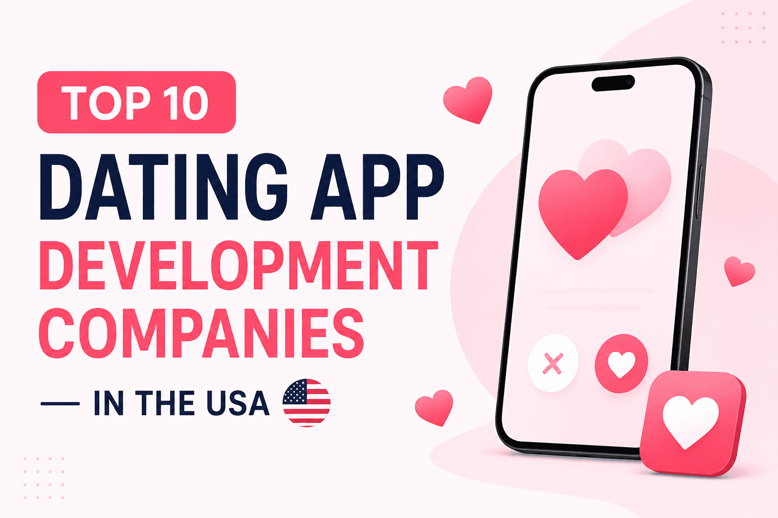 Top 10 Dating App Development Companies in the USA with modern dating app illustration and smartphone.
