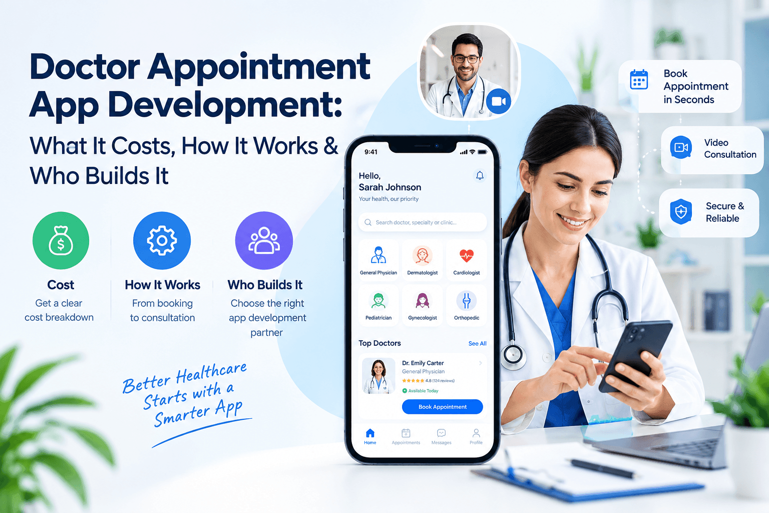 Doctor appointment app development covering cost, features, workflow, and professional app developers.