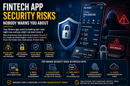 Fintech app security risks, including data breaches, payment vulnerabilities, fraud, and user privacy threats.