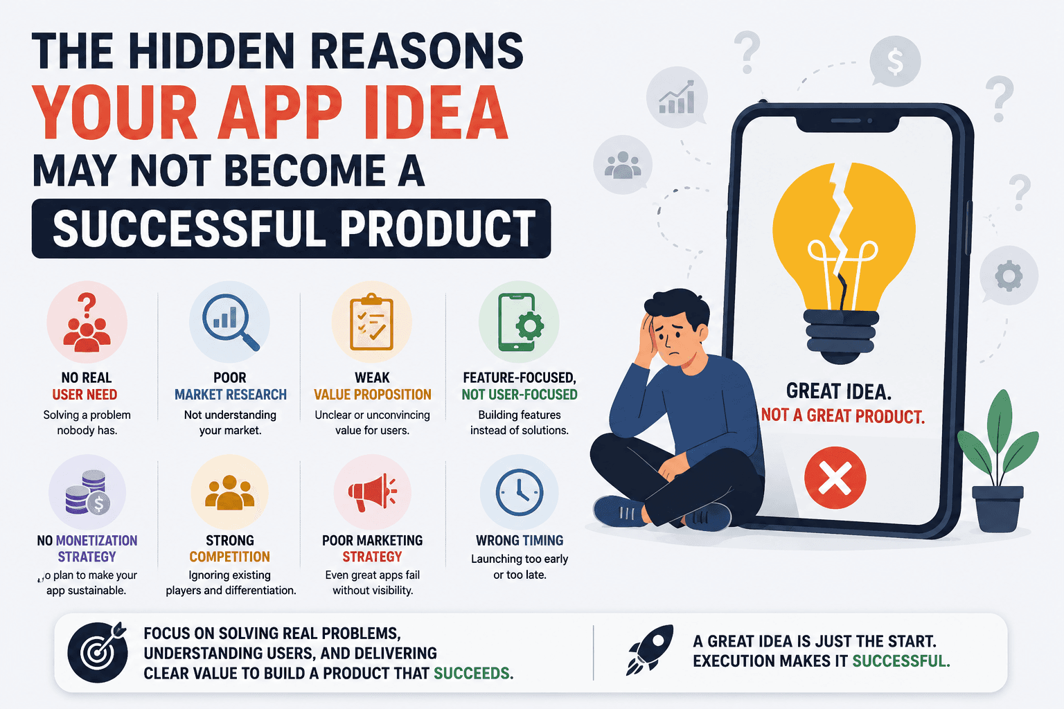Illustration showing hidden reasons an app idea fails to become a successful product, including poor market research, weak strategy, and low user demand.