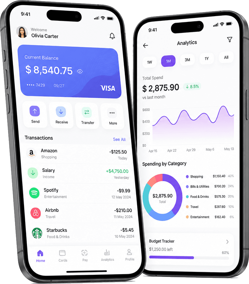 Android phone mockups showing fintech and productivity app case study screens