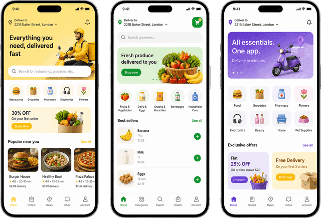 Android on-demand marketplace and delivery app case study screens