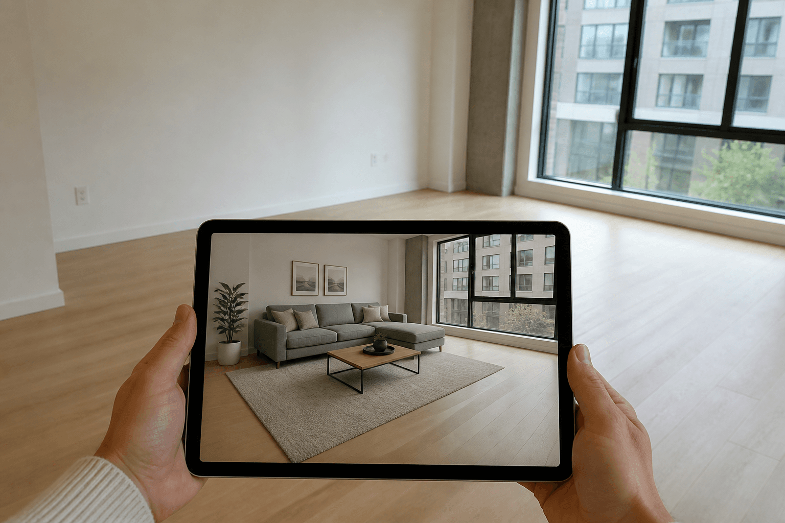 Empty unit with tablet showing AR furniture staging