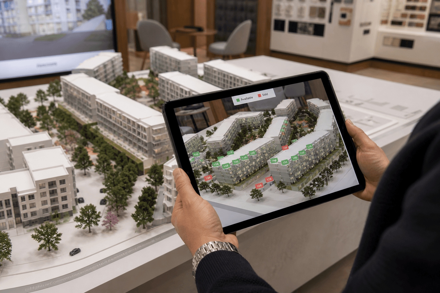 Tablet held over a sales-center architectural scale model