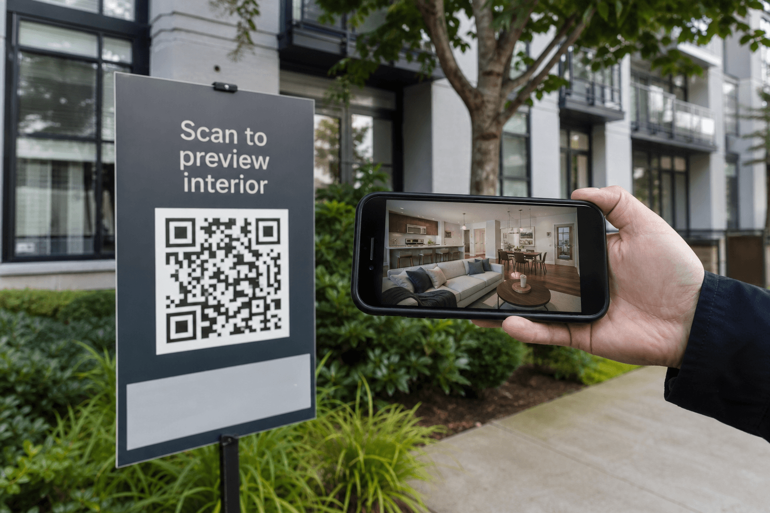 Yard sign with QR code and phone showing staged property preview