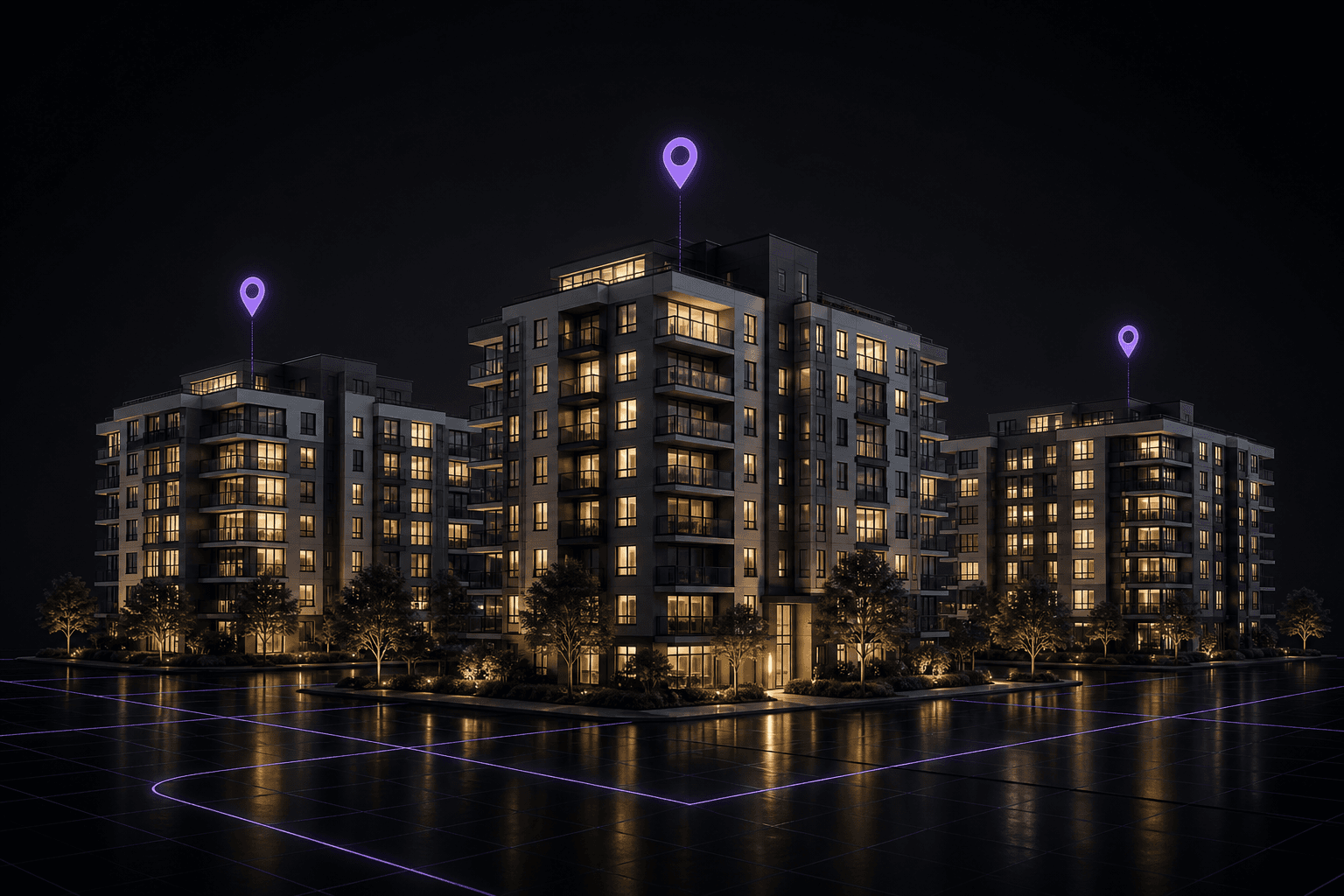 Nighttime apartment complex visualization with AR location markers