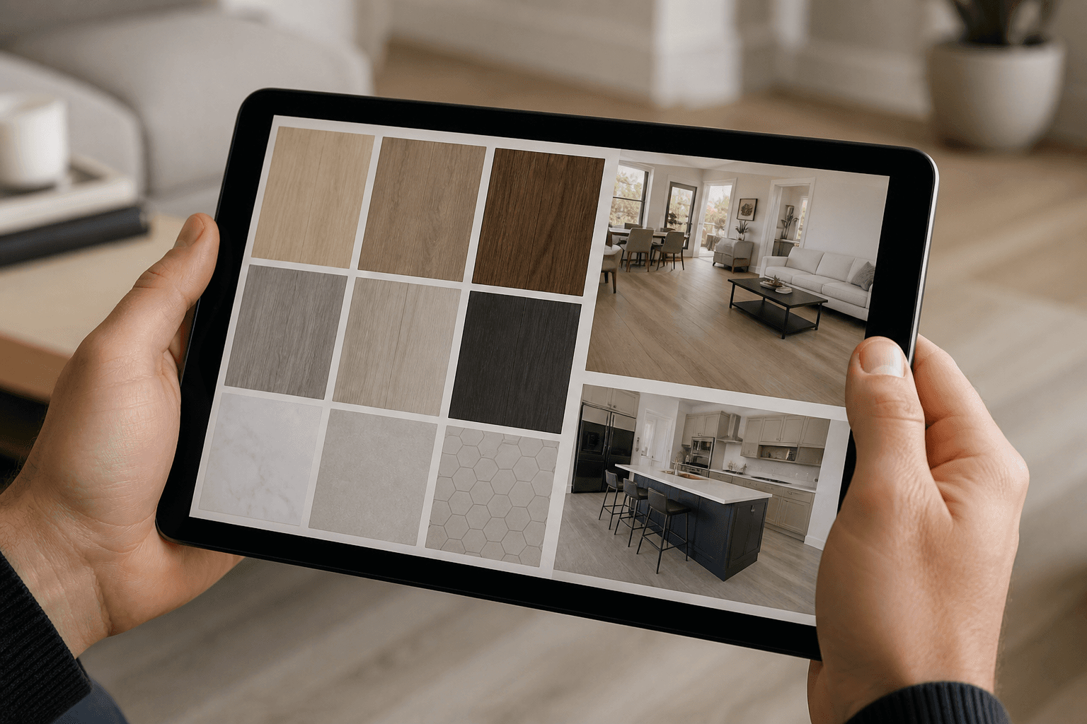 Hands holding a tablet previewing flooring and material finish options