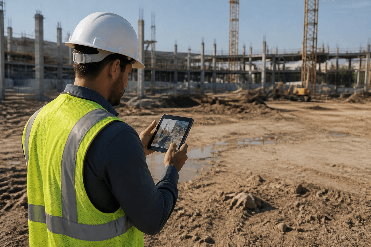 Construction professional on a vacant lot reviewing a tablet with site visualization