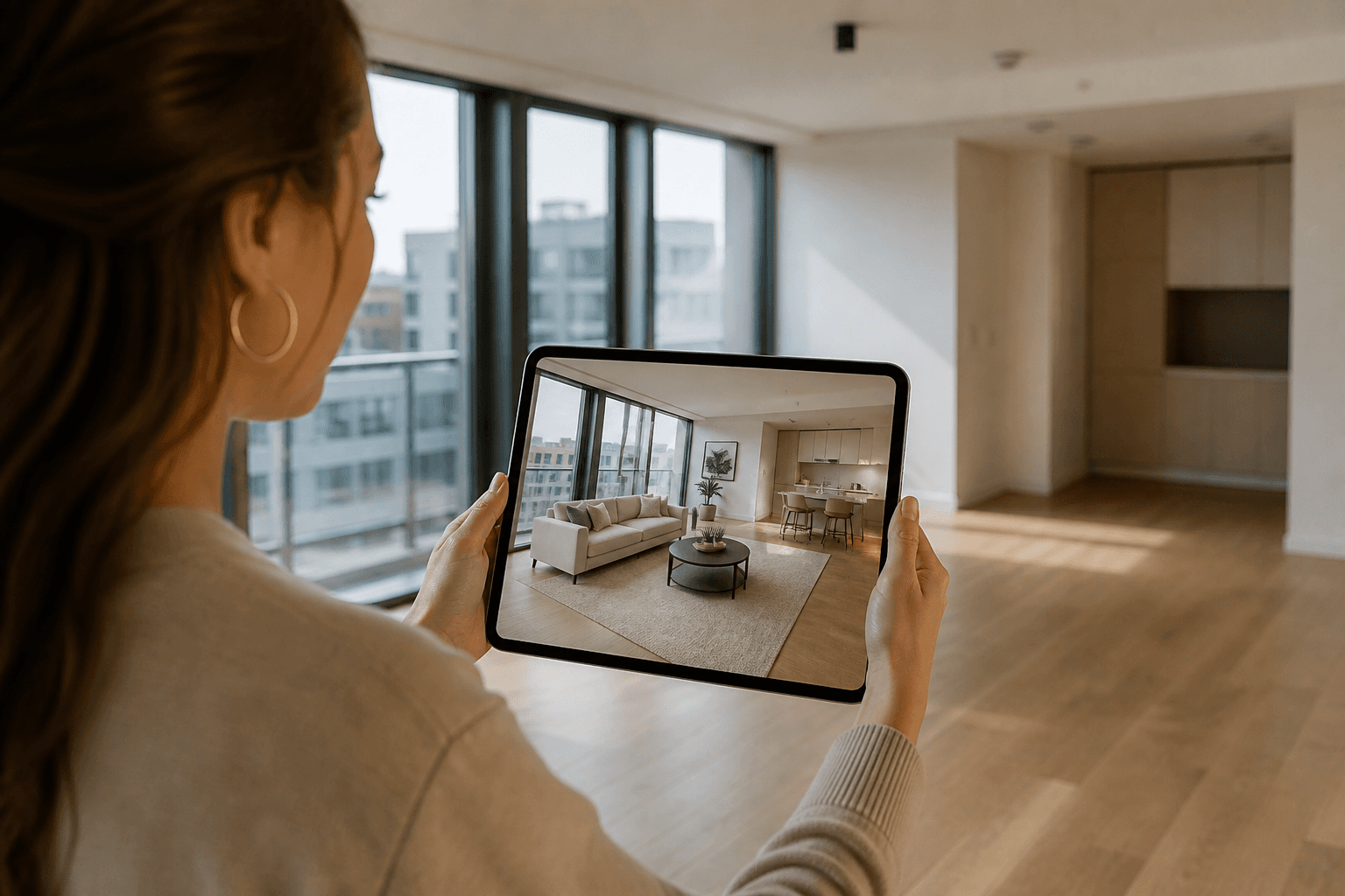 Buyer holding a tablet showing AR furniture staging overlaid in an empty room