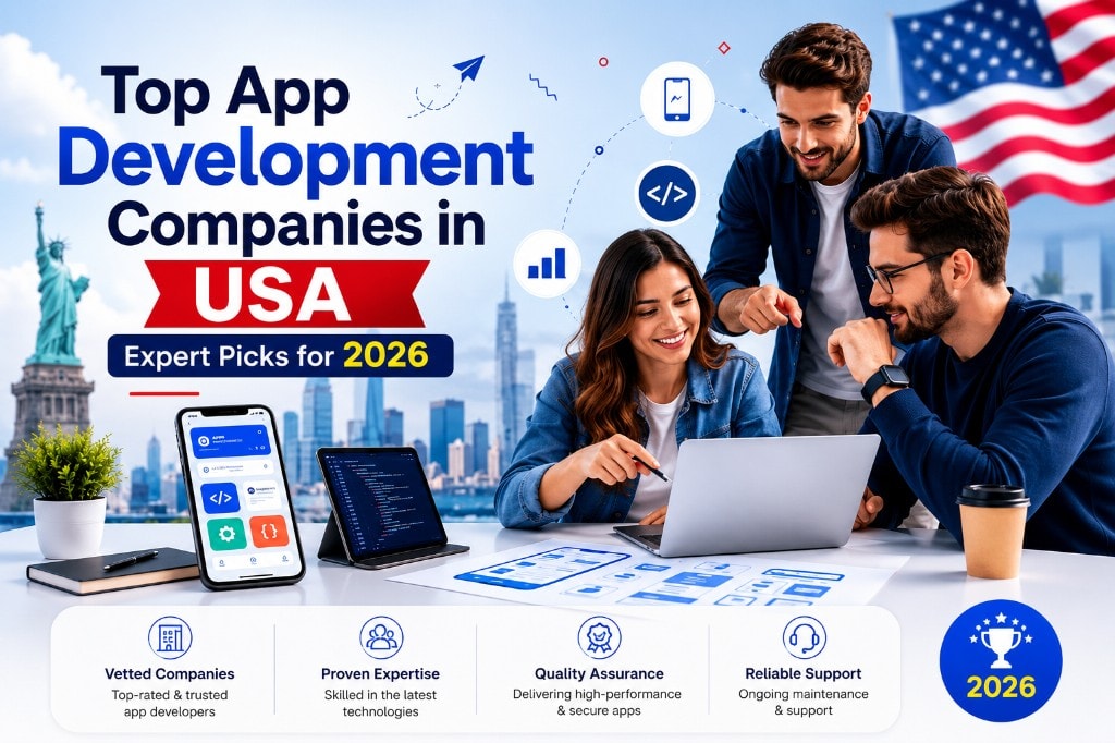 Professional app development team collaborating in a modern office with laptops, mobile app interfaces, and coding screens, highlighting top app development companies in the USA for 2026