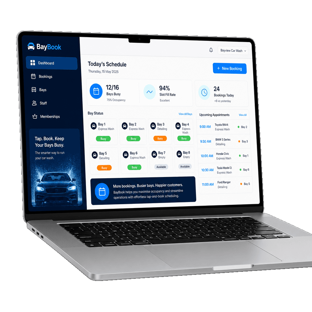 Laptop mockup showing BayBook car wash scheduling dashboard with bay status and slot fill rate