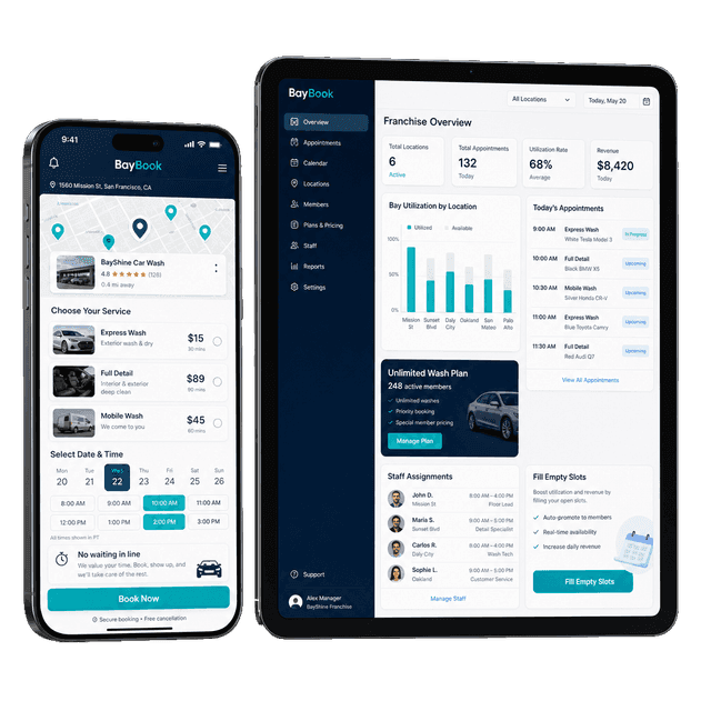 Phone and tablet mockups showing BayBook tap-and-book wash booking and franchise operator panel