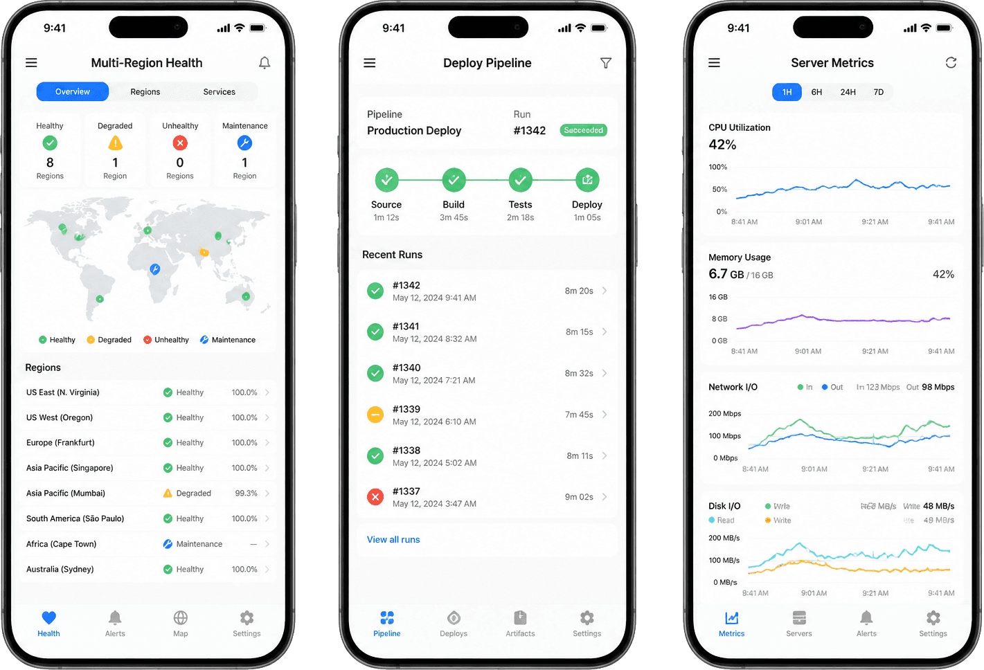 Phone mockups showing cloud infrastructure status and deploy pipeline apps