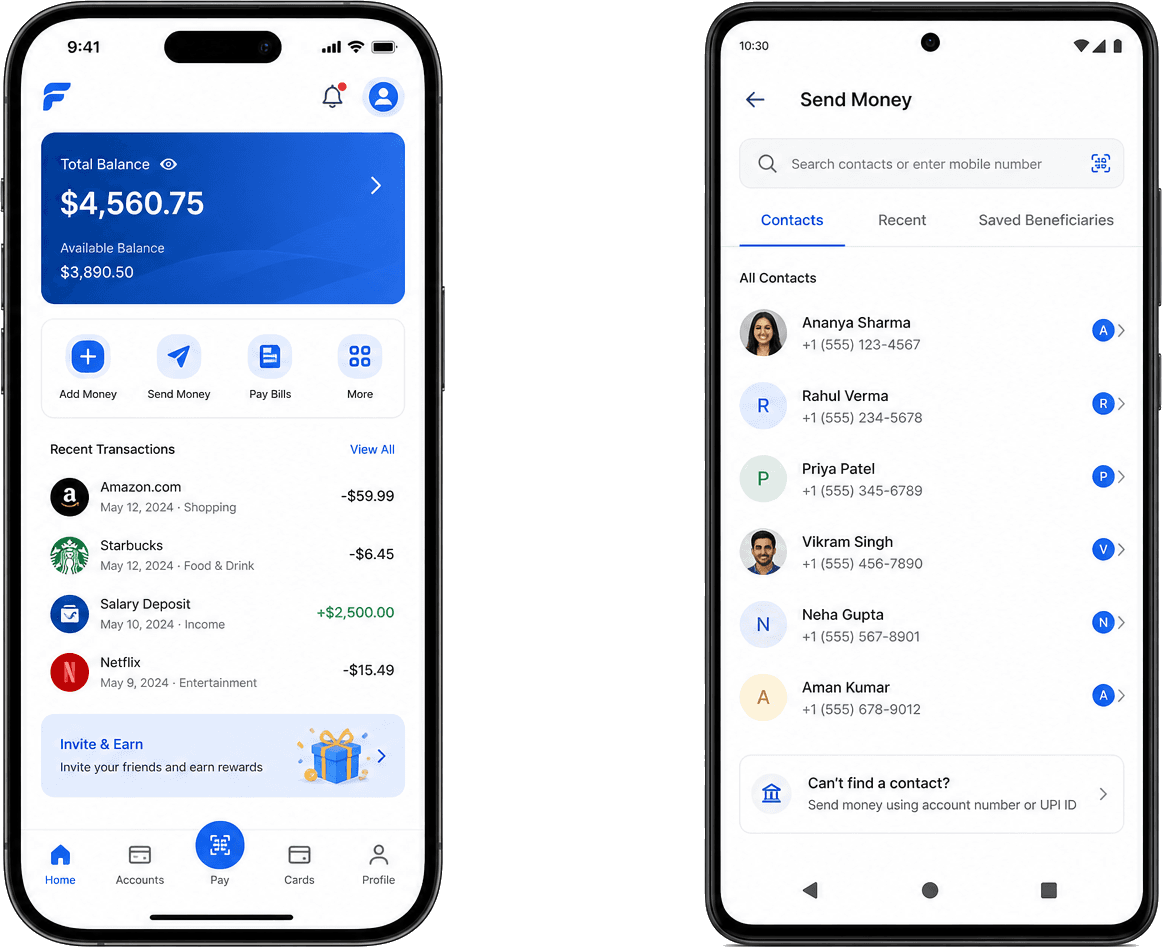 Phone mockups showing cross-platform iOS and Android app case study screens