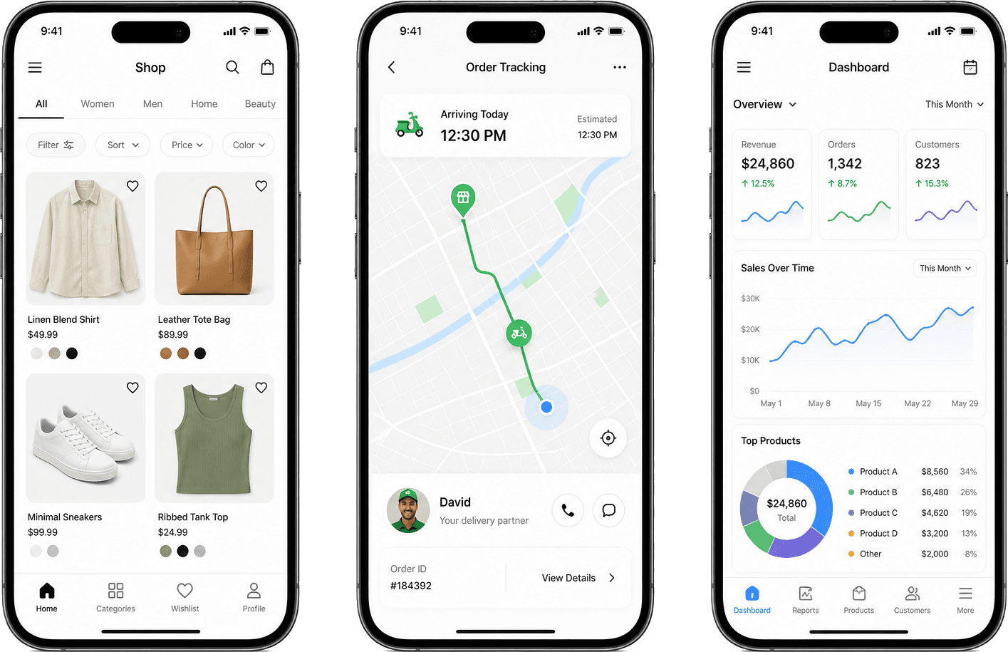 Phone mockups showing cross-platform ecommerce delivery and analytics case studies