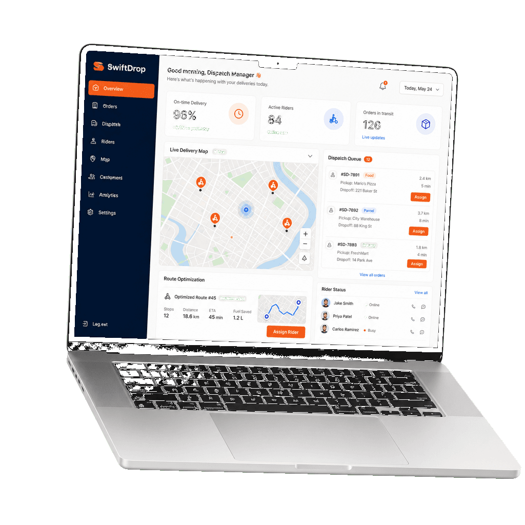 Laptop mockup showing SwiftDrop delivery operations dashboard with live map dispatch and on-time metrics