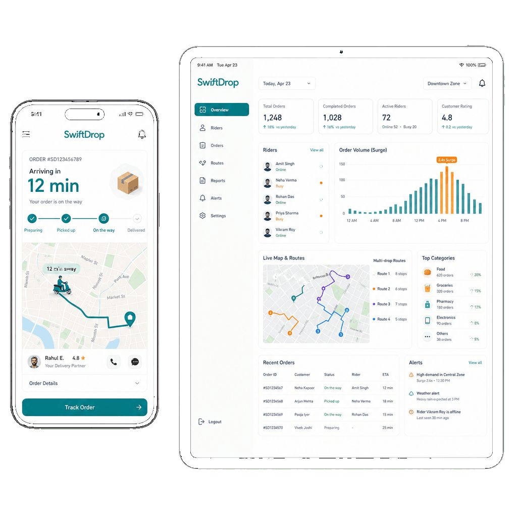 Phone and tablet mockups showing SwiftDrop order tracking app and courier fleet management panel