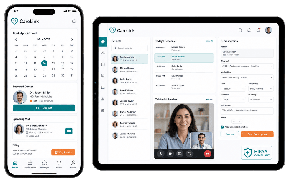Phone and tablet mockups showing patient booking app and doctor portal