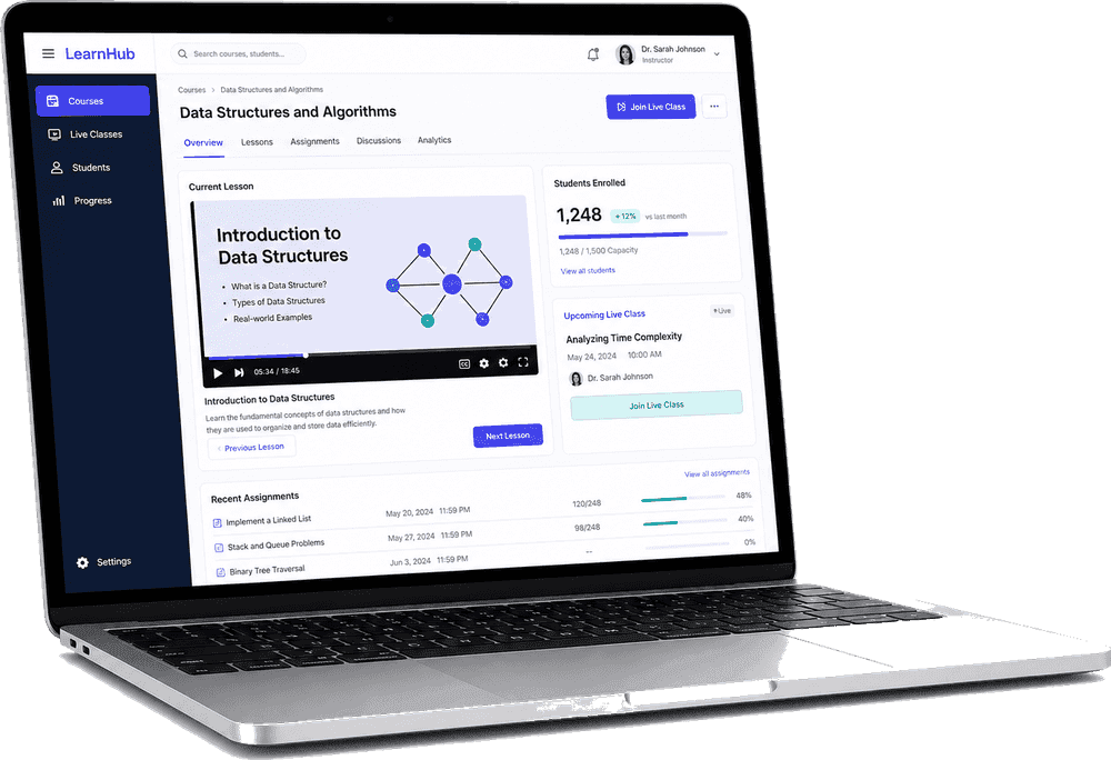 Laptop mockup showing education learning platform with courses and live classes