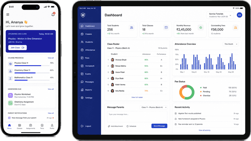 Phone and tablet mockups showing student learning app and school admin dashboard