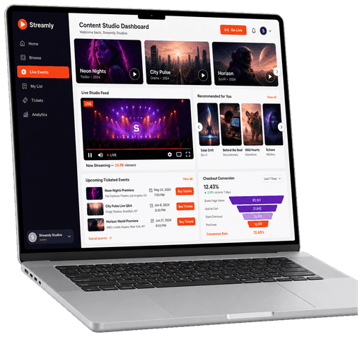 Laptop mockup showing entertainment streaming dashboard with live events and ticket sales