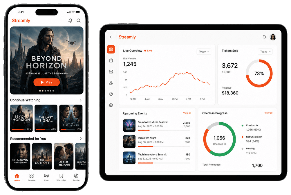 Phone and tablet mockups showing streaming playback and event ticket checkout app