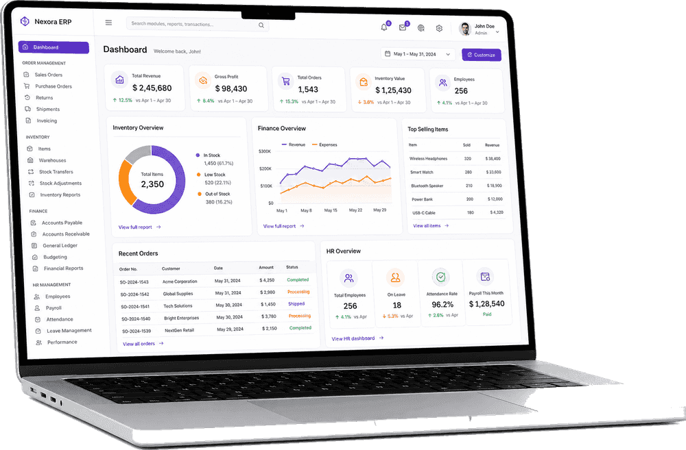 Laptop mockup showing custom ERP dashboard with finance inventory and operations modules