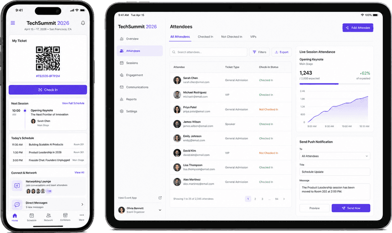 Phone and tablet mockups showing event ticket QR check-in and organizer attendee dashboard