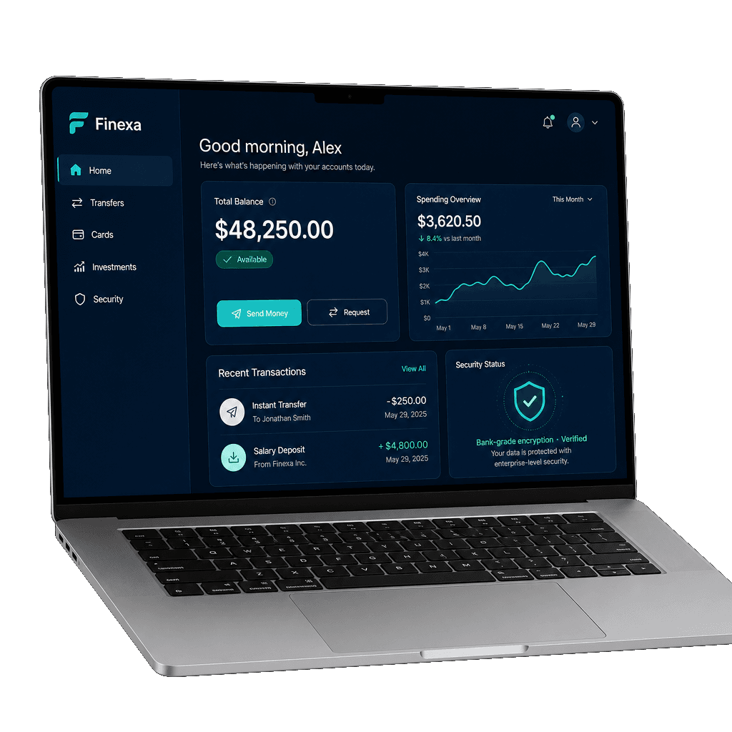 Laptop mockup showing Finexa digital banking dashboard with instant transfers and bank-grade security