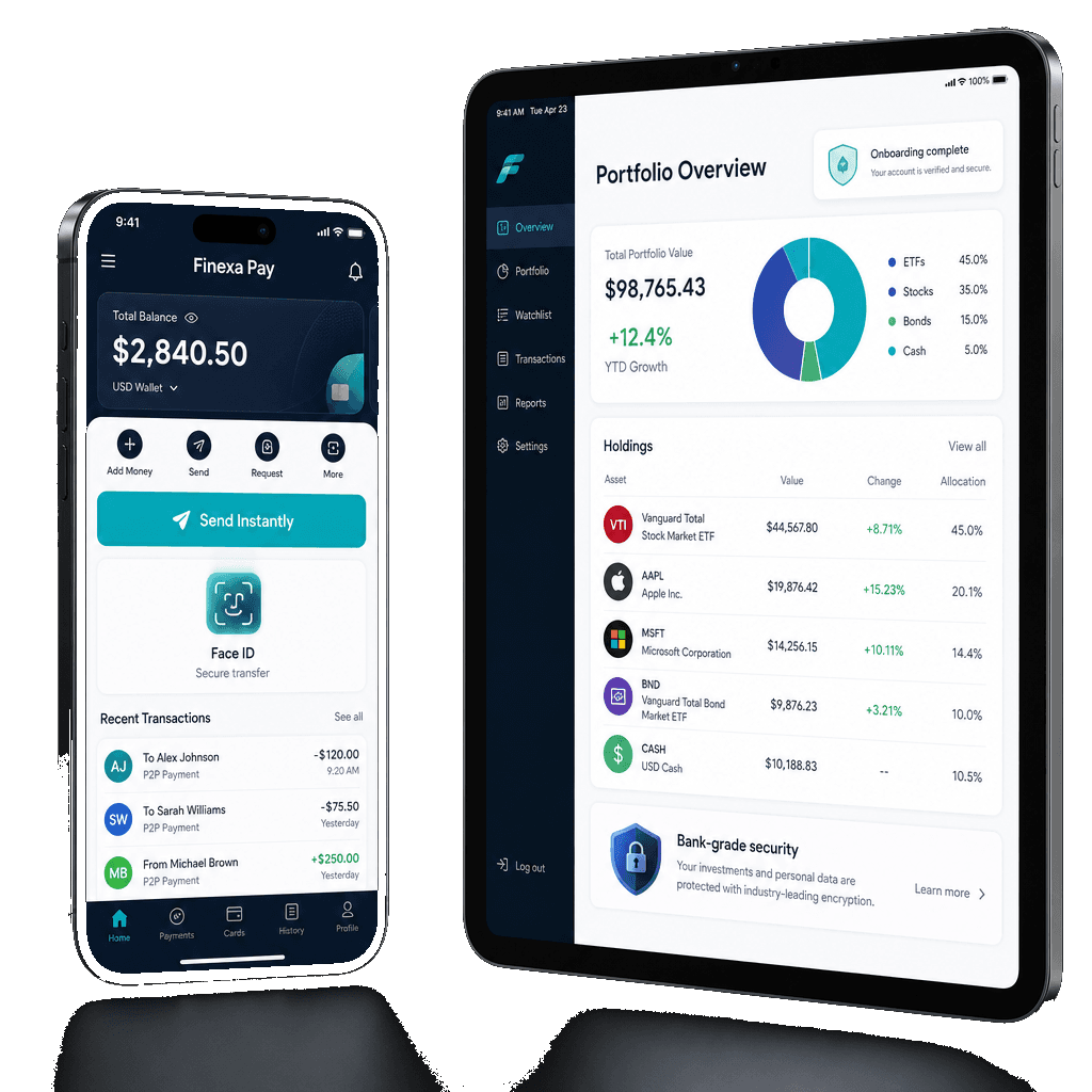 Phone and tablet mockups showing Finexa Pay wallet and wealth portfolio fintech app screens