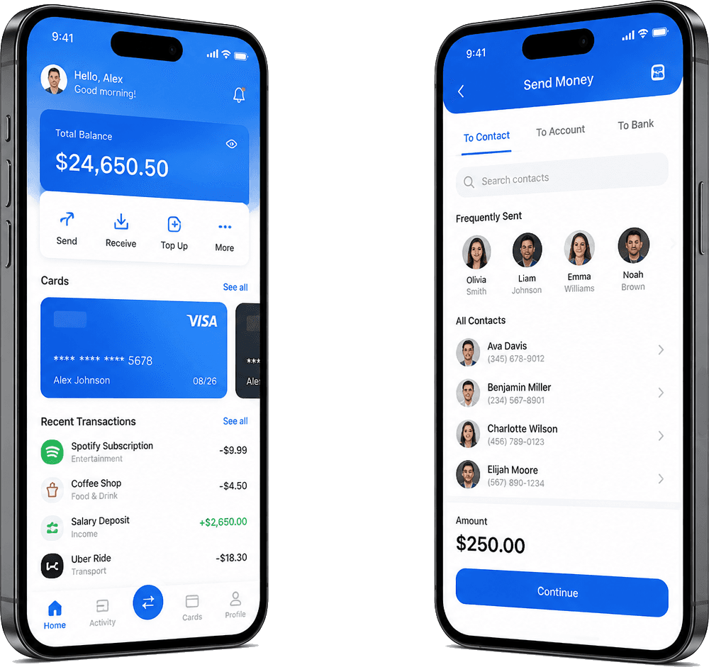 Phone mockups showing Flutter fintech app case study screens