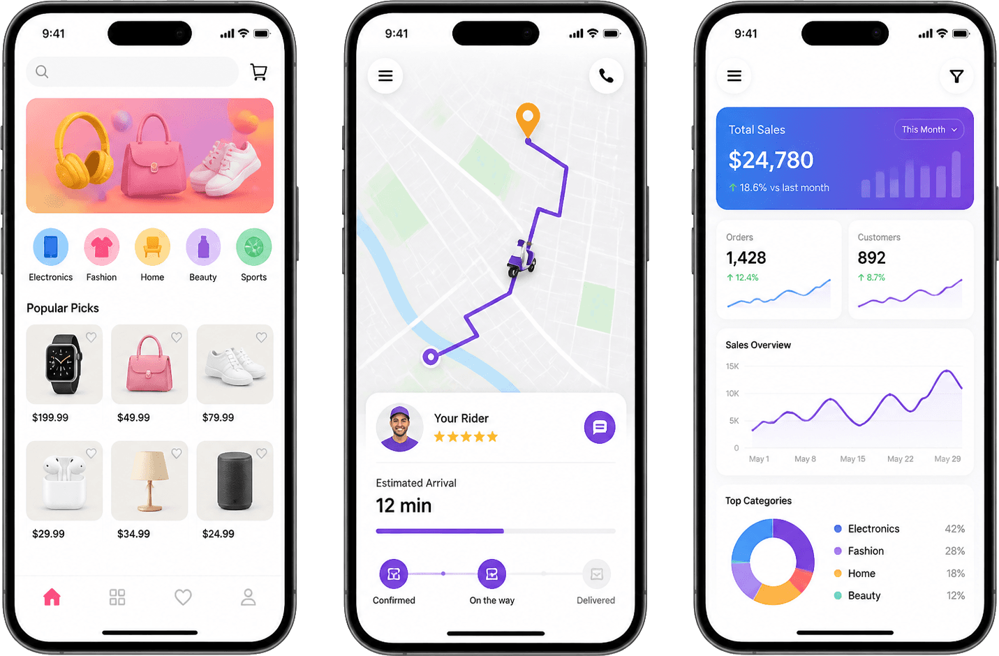 Phone mockups showing Flutter marketplace delivery and analytics case studies