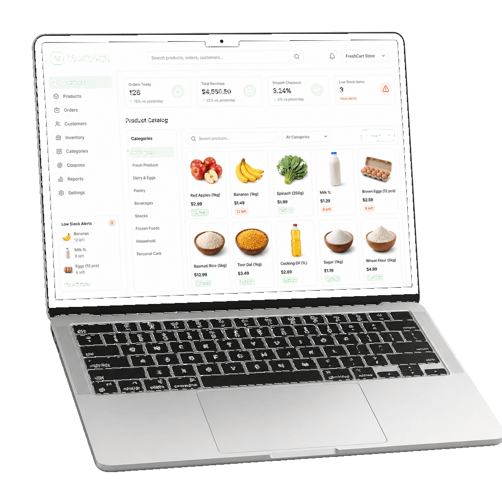 Laptop mockup showing FreshCart grocery store dashboard with catalog search stock levels and checkout metrics