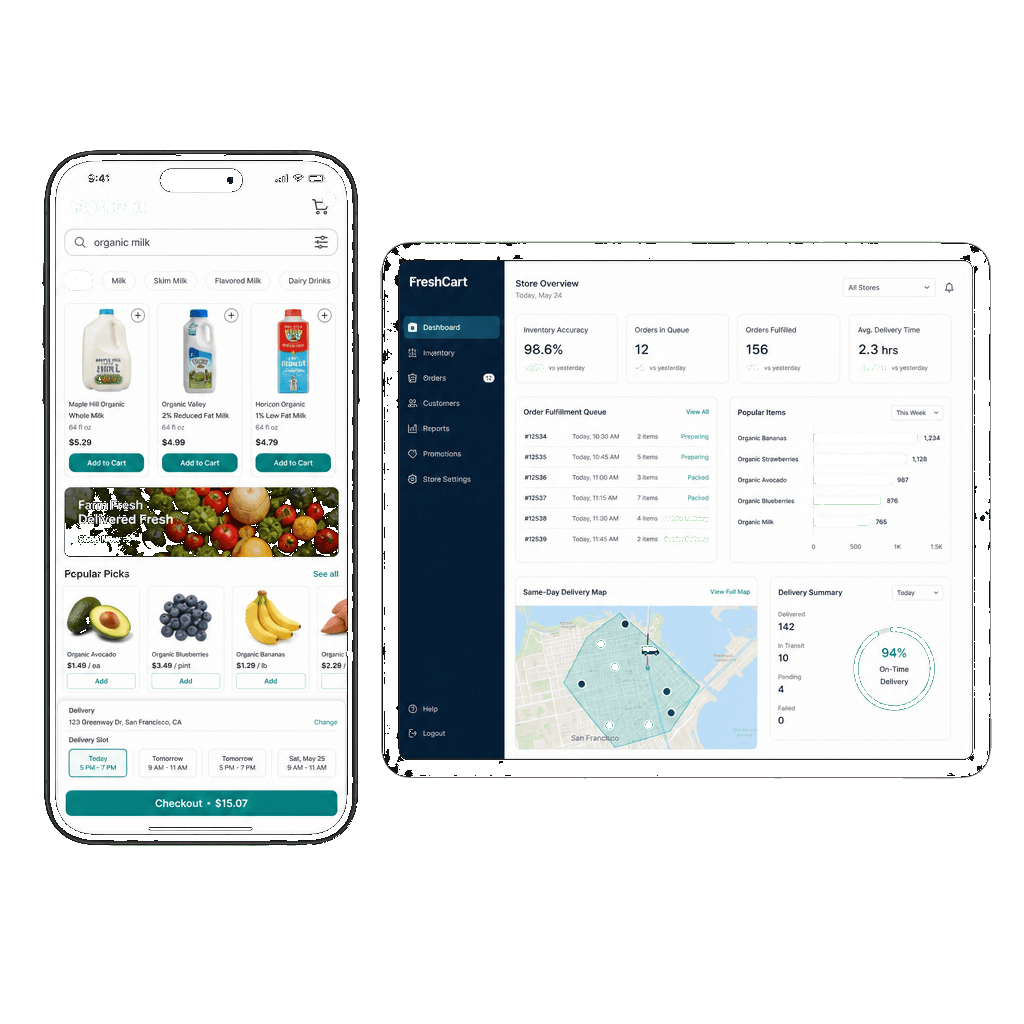 Phone and tablet mockups showing FreshCart grocery shopping app and store inventory fulfillment panel