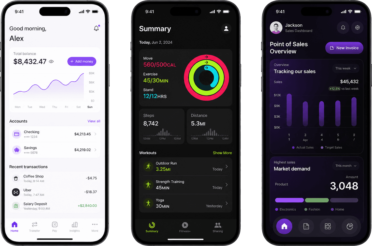 iPhone mockups showing iOS HealthKit fintech and analytics app case study screens