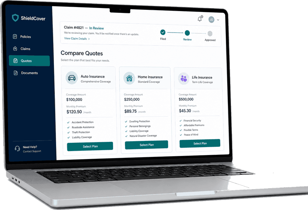 Laptop mockup showing insurance quote comparison and claims dashboard