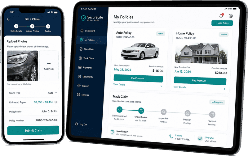 Phone and tablet mockups showing insurance claim filing and policy management app
