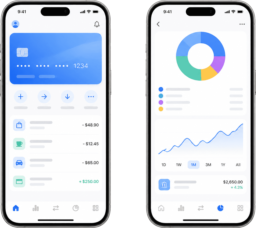 iPhone mockups showing iOS fintech app case study screens