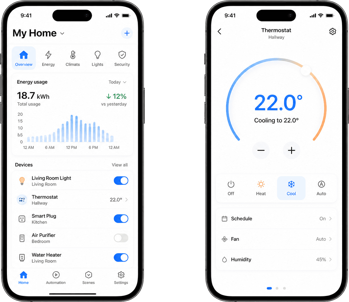 Phone mockups showing smart home My Home and Thermostat IoT app screens