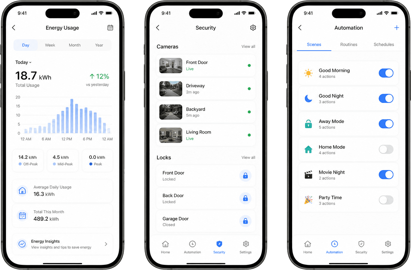 Phone mockups showing IoT energy security and automation app screens