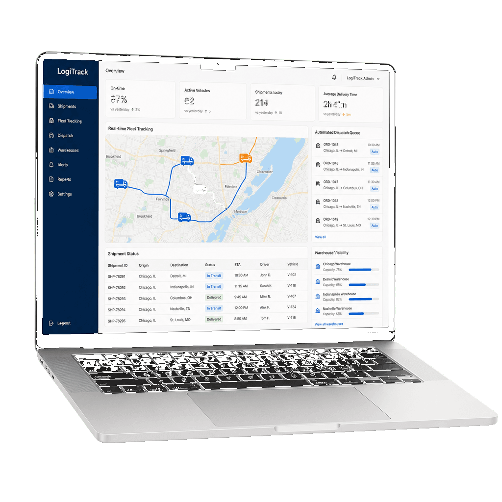 Laptop mockup showing LogiTrack logistics dashboard with real-time fleet tracking and automated dispatch