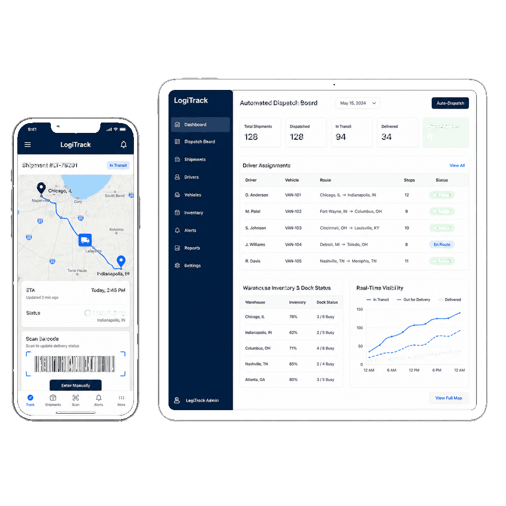 Phone and tablet mockups showing LogiTrack shipment tracking app and fleet operations panel