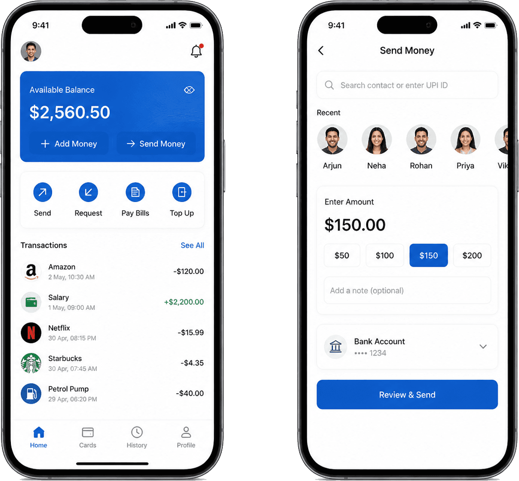 Phone mockups showing React Native fintech app case study screens