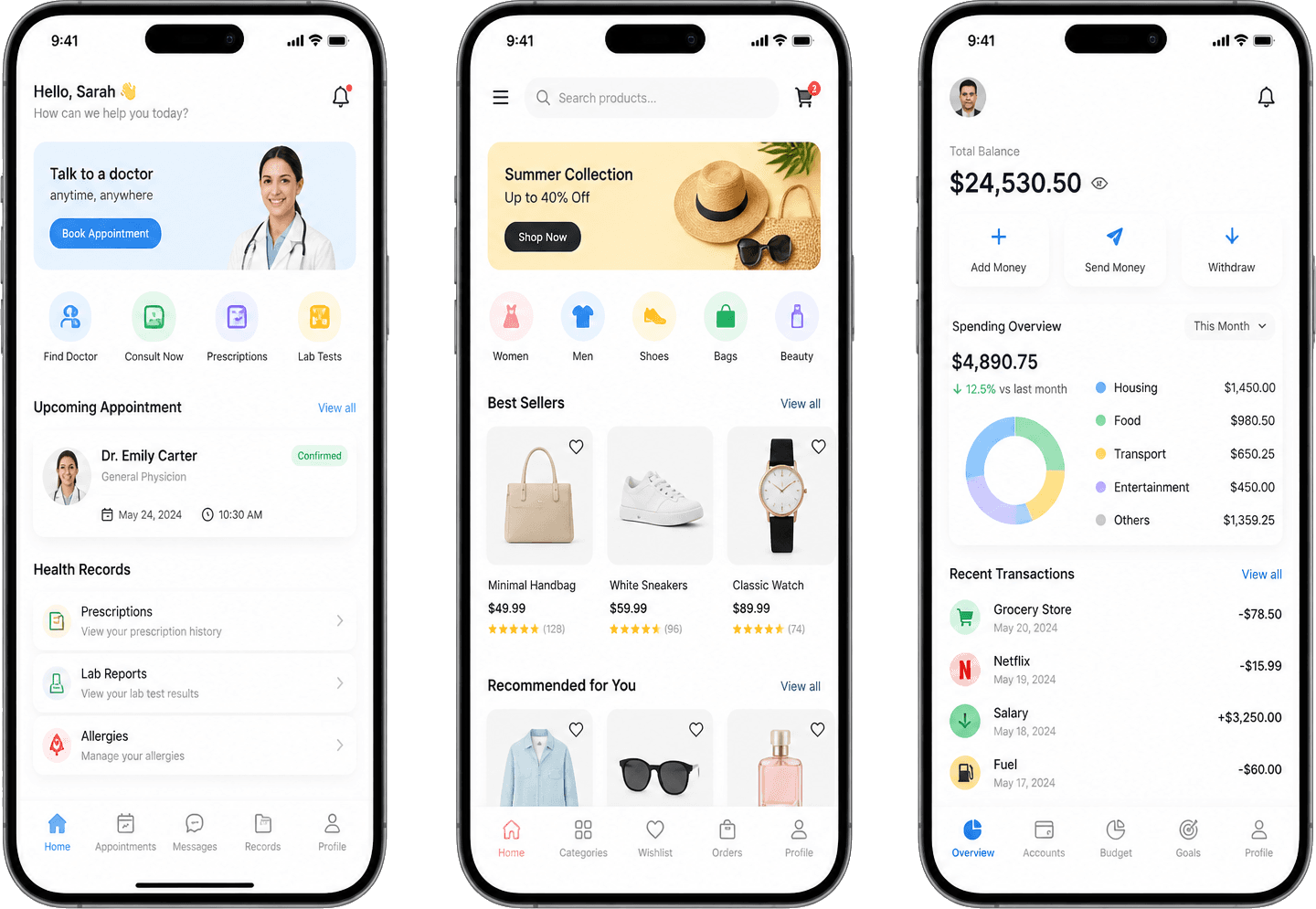 Phone mockups showing React Native healthcare commerce and fintech case studies