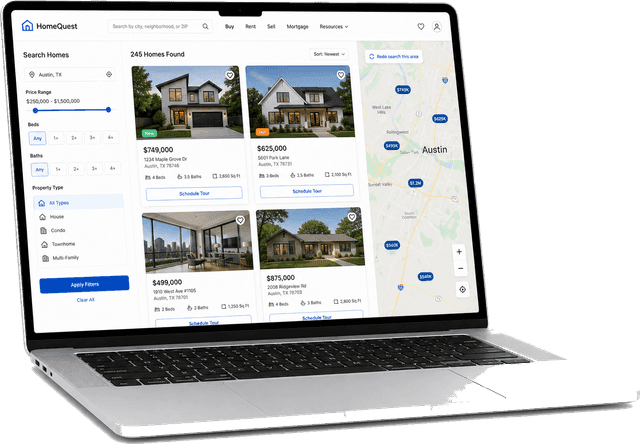 Laptop mockup showing real estate property marketplace listings and map search