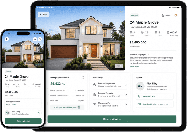 Phone and tablet mockups showing real estate property detail and tour booking app