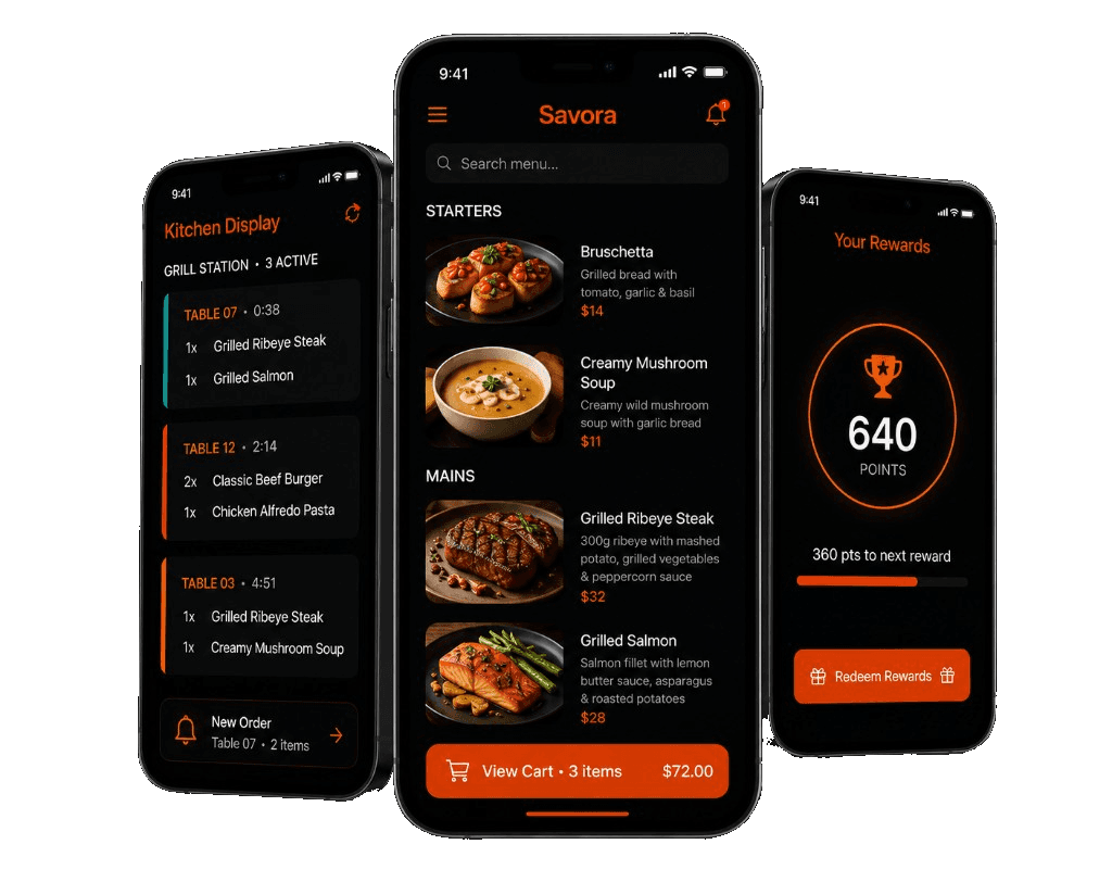 Savora restaurant mobile app case study phone screens