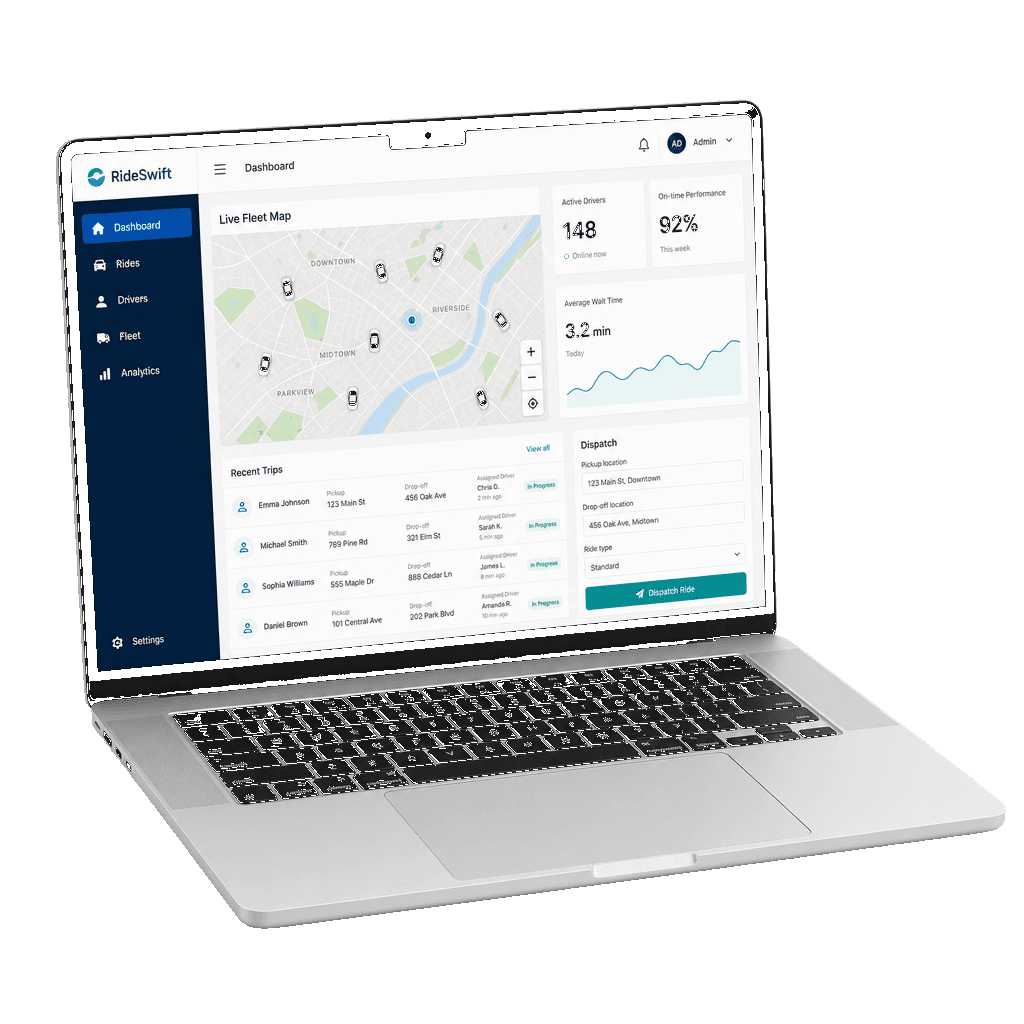 Laptop mockup showing RideSwift live fleet map and ride dispatch dashboard